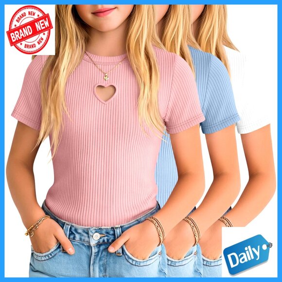 Girls' 3 Pack Cotton Ribbed Tees Slim Fit Heart Cutout Tops 5-14 Years